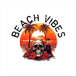Skull and Empty Bottle - Beach Vibes (Black Lettering) Posters and Art